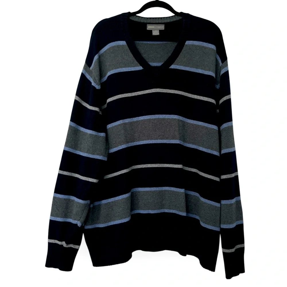 Tricots St Raphael V-Neck Cotton Long Sleeve Striped Sweater 3X Navy Quality